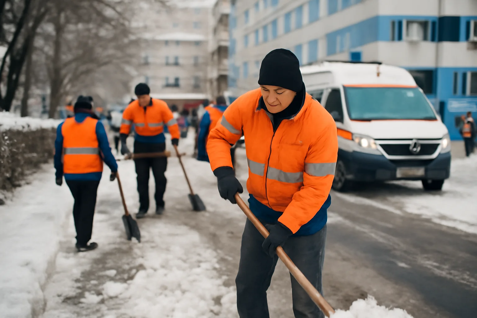 angajați ai Consiliului Județean deszăpezesc drumurile de acces pentru ambulanțe și bolnavi